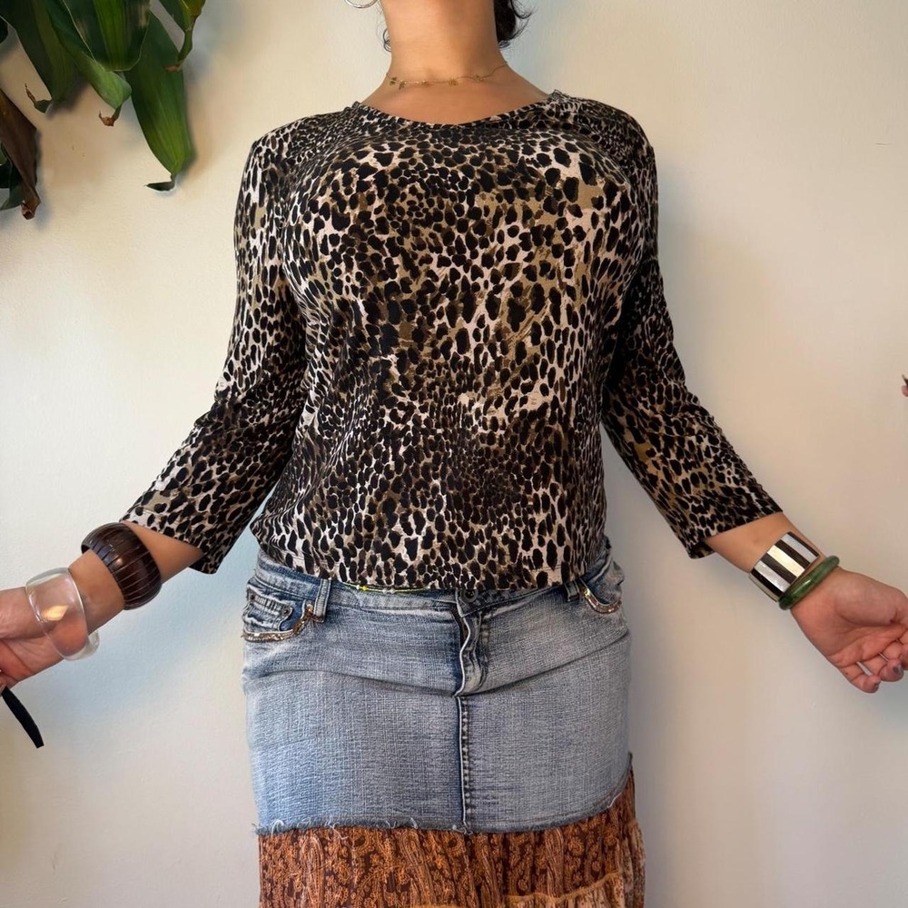 Style & Co Leopard Print V-Neck Blouse 3/4 Sleeve Brown Tan Y2K Indie Medium